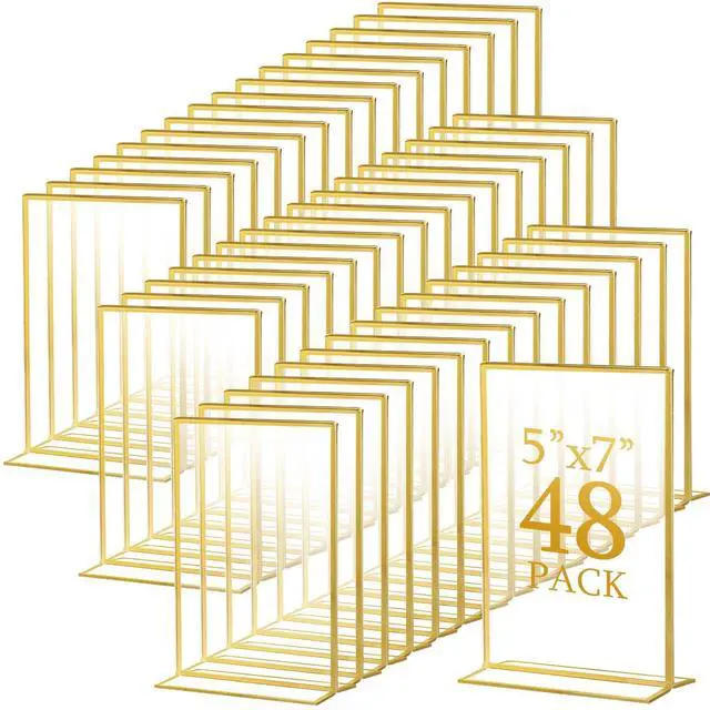 Main image of Gold Acrylic Sign Holders, Gold Picture Frames Clear Wedding Table Numbers Double Sided Acrylic Holders for Wedding Restaurant Table Number Photos Menu Cards Art(48 Pack,5 x 7 Inch)
