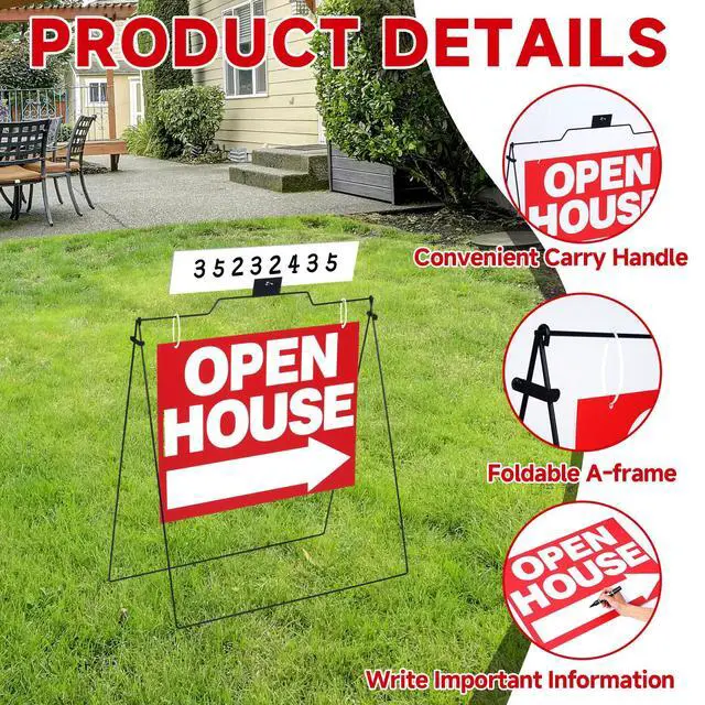 Alt view image 3 of 7 - 5 Pack Open House Signs 32'' x 28'' A Frame Metal Stand 18'' x 24'' Sign Panels Double Sided Real Estate Yard Signs Foldable Real Estate Open House Directional Arrows Yard Sidewalk Signs, Red