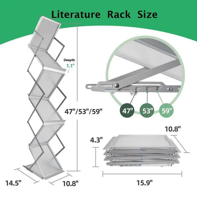 Alt view image 5 of 7 - 6 Pockets Collapsible Literature Rack for Trade Shows, Metal Floor Standing Literature Stand Catalog Rack Brochure Rack Flyer Holder Pamphlet Holder with Carry Case
