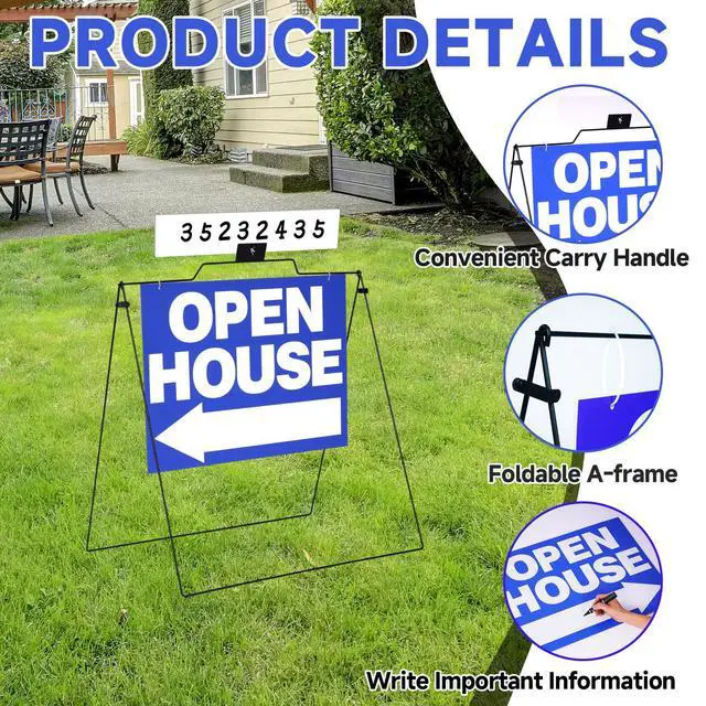 Alt view image 3 of 7 - 5 Pack Open House Signs 32'' x 28'' A Frame Metal Stand 18'' x 24'' Sign Panels Double Sided Real Estate Yard Signs Foldable Real Estate Open House Directional Arrows Yard Sidewalk Signs, Blue