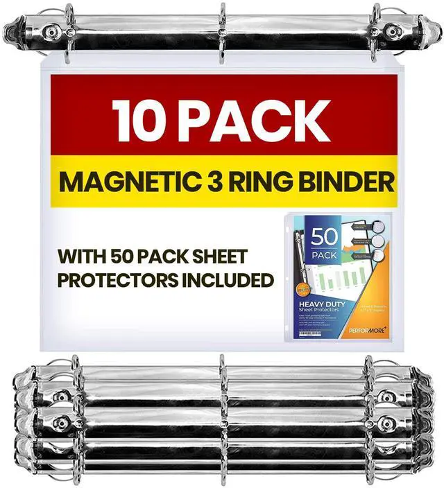 Main image of 10 Pack Magnetic 3 Ring Binder Locking Mechanism for Hanging, 1 Inch D-Ring Holds 225 Sheets, Heavy Duty for 8.5 x 11 Paper, 50 Sheet Protectors Included, 5S Whiteboard Cabinet