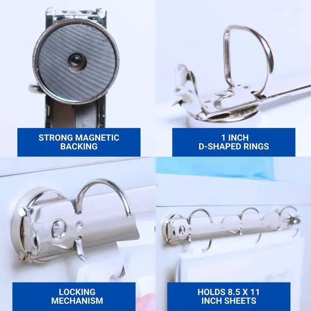 Alt view image 3 of 7 - 10 Pack Magnetic 3 Ring Binder Locking Mechanism for Hanging, 1 Inch D-Ring Holds 225 Sheets, Heavy Duty for 8.5 x 11 Paper, 50 Sheet Protectors Included, 5S Whiteboard Cabinet