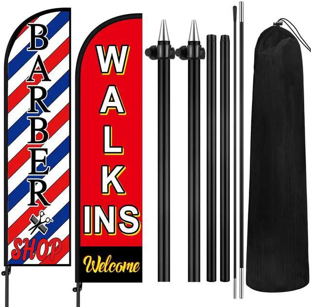 Main image of 2 Set Barber Flag Walk Ins Welcome Barbershop Swooper Flag with Pole Kit Open Feather Barber Sign Windless Banner for Salon Business Advertising Outdoor Outside(10 Ft)