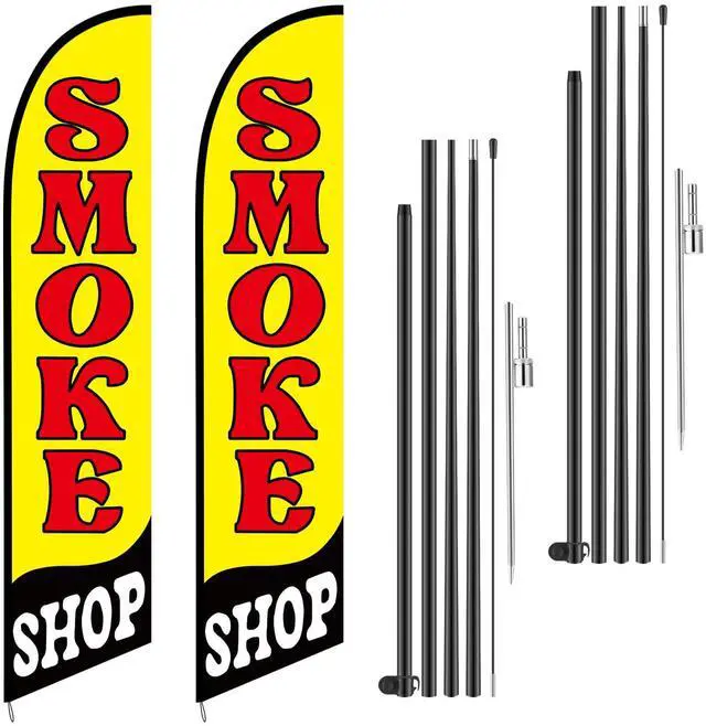 Main image of 2 Set Smoke Shop Feather Flag Pole Kit Smoke Shop Sign Banner Advertising Feather Banner for Outside Outdoor Business Decoration(15 ft)