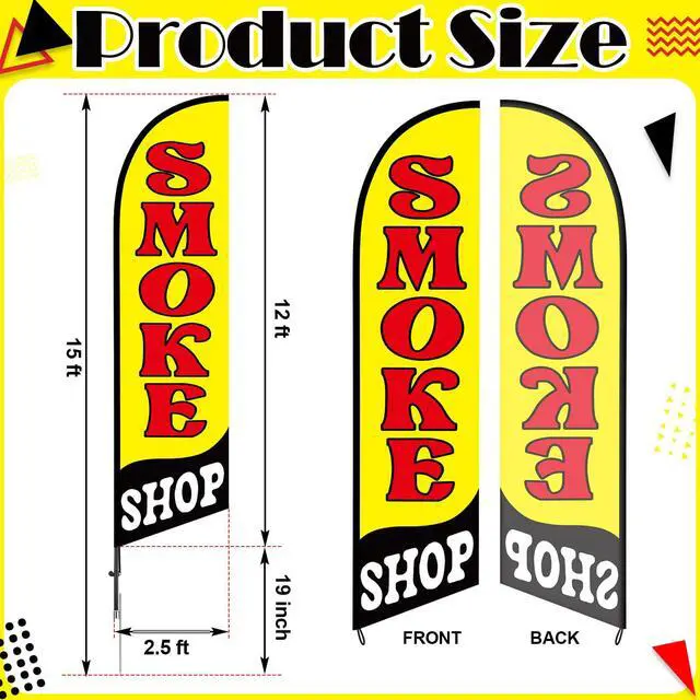 Alt view image 2 of 7 - 2 Set Smoke Shop Feather Flag Pole Kit Smoke Shop Sign Banner Advertising Feather Banner for Outside Outdoor Business Decoration(15 ft)