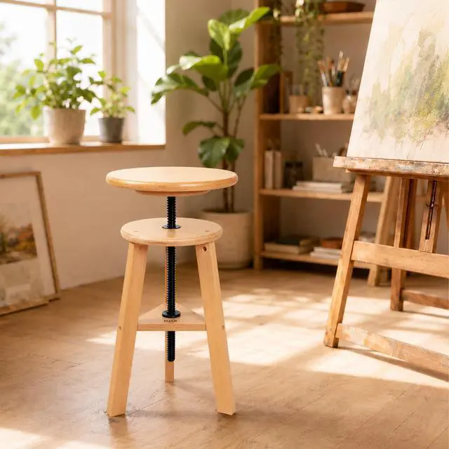 Alt view image 2 of 7 - Wooden Drafting Stool with Adjustable Height for Art Studio, Natural | Solid Beech Wood Artist Stool for Adults, Up to 220 Lbs, Perfect Sturdy Drafting Chair for Classroom, Home, Kitchen, Office