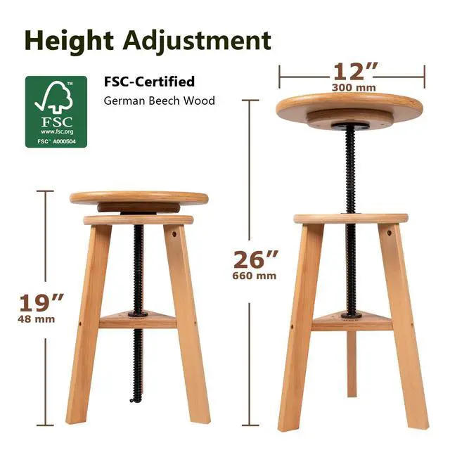 Alt view image 3 of 7 - Wooden Drafting Stool with Adjustable Height for Art Studio, Natural | Solid Beech Wood Artist Stool for Adults, Up to 220 Lbs, Perfect Sturdy Drafting Chair for Classroom, Home, Kitchen, Office