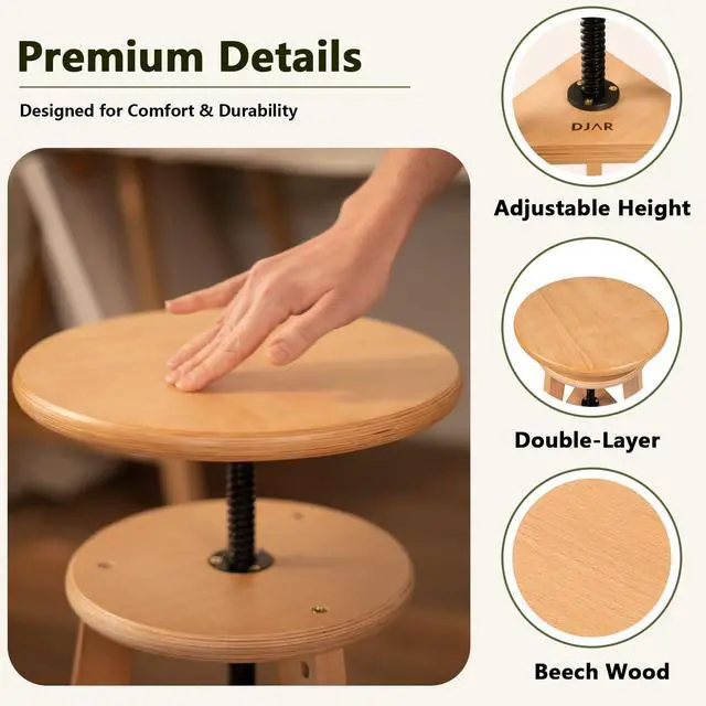 Alt view image 4 of 7 - Wooden Drafting Stool with Adjustable Height for Art Studio, Natural | Solid Beech Wood Artist Stool for Adults, Up to 220 Lbs, Perfect Sturdy Drafting Chair for Classroom, Home, Kitchen, Office