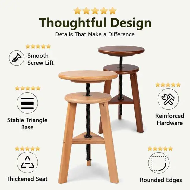 Alt view image 5 of 7 - Wooden Drafting Stool with Adjustable Height for Art Studio, Natural | Solid Beech Wood Artist Stool for Adults, Up to 220 Lbs, Perfect Sturdy Drafting Chair for Classroom, Home, Kitchen, Office