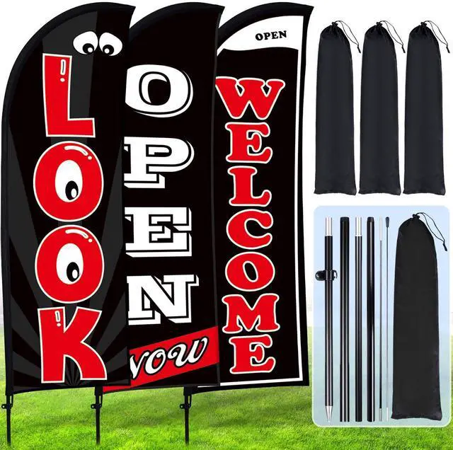 Main image of 3 Sets Now Open Look Welcome Feather Flag Banners Advertising Sign for Business 7 Feet Tall Open Swooper Flag Sign with Fiberglass Pole Kit Rotating Ground Spike and Portable Bag (Black)
