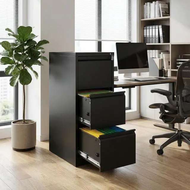 Alt view image 2 of 7 - 3 Drawer Vertical File Cabinet with Lock, Black Metal Filing Cabinet with Drawers for Home Office, Lockable Storage Cabinet Hanging Letter Size/Legal Files