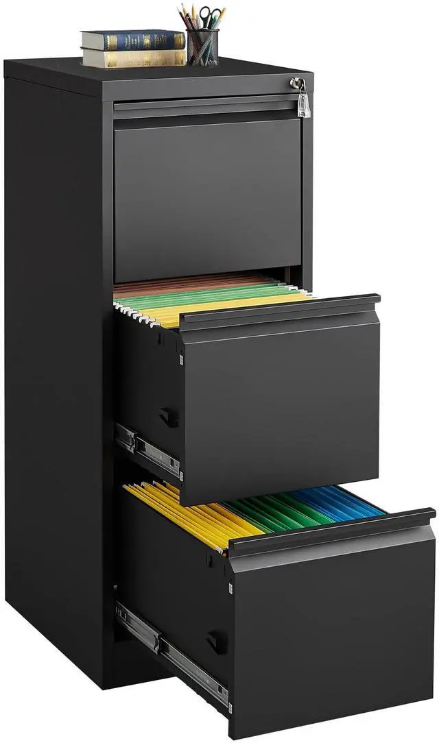 Main image of 3 Drawer Vertical File Cabinet with Lock, Black Metal Filing Cabinet with Drawers for Home Office, Lockable Storage Cabinet Hanging Letter Size/Legal Files