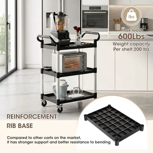 Alt view image 3 of 7 - Plastic Utility Carts with Wheels, 3-Tier Rolling Cart with 4 Lockable Wheels, Heavy Duty 600 LBS Capacity Food Service Cart (Does Not Contain Recycled Plastic),16.8" D x 31.5" W x 37.8" H