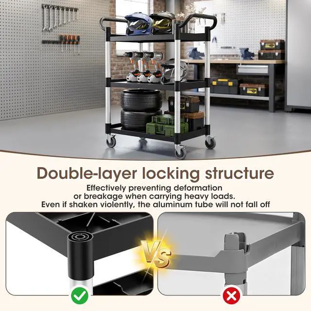 Alt view image 4 of 7 - Plastic Utility Carts with Wheels, 3-Tier Rolling Cart with 4 Lockable Wheels, Heavy Duty 600 LBS Capacity Food Service Cart (Does Not Contain Recycled Plastic),16.8" D x 31.5" W x 37.8" H