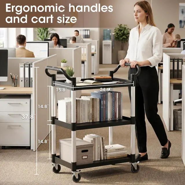 Alt view image 7 of 7 - Plastic Utility Carts with Wheels, 3-Tier Rolling Cart with 4 Lockable Wheels, Heavy Duty 600 LBS Capacity Food Service Cart (Does Not Contain Recycled Plastic),16.8" D x 31.5" W x 37.8" H
