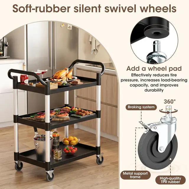Alt view image 6 of 7 - Plastic Utility Carts with Wheels, 3-Tier Rolling Cart with 4 Lockable Wheels, Heavy Duty 600 LBS Capacity Food Service Cart (Does Not Contain Recycled Plastic),16.8" D x 31.5" W x 37.8" H