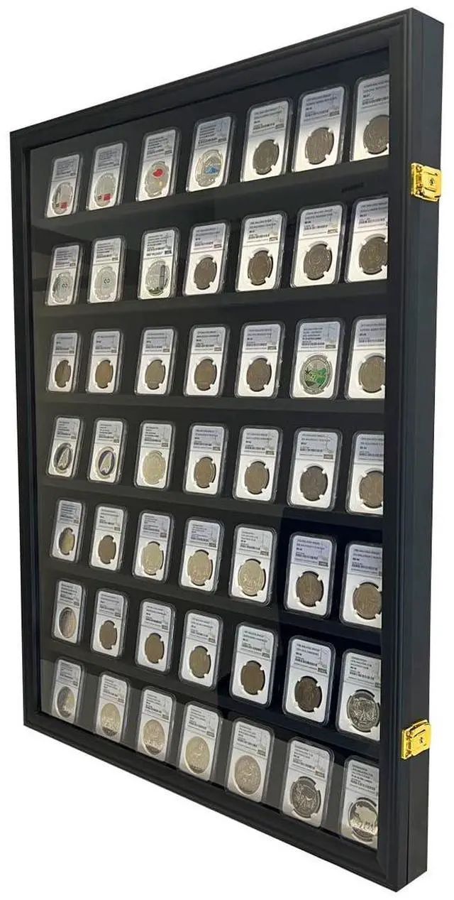 Main image of Wall-Mounted Black (7 Rows) NGC PCGS ICG Wooden Coin Slab Display Case Holder Frame Cabinet Storage for Coin Collection Medal Badges Sport Card Trading Card Collectibles Organization