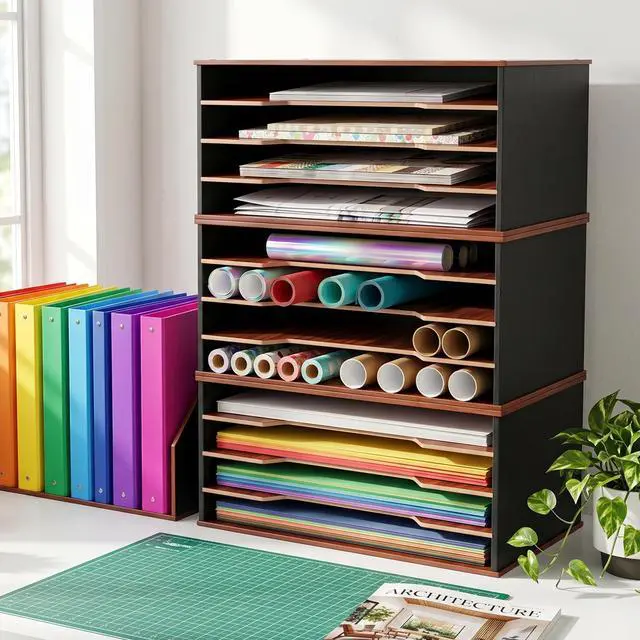 Alt view image 4 of 7 - 12x18 Construction Paper Organizer, 4-Tier Wooden Flat File for 11x17, A3 & Tabloid Sheets | Durable wood Desk Paper Storage for Classroom, Office & Art Studio