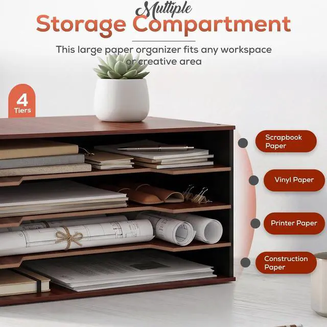 Alt view image 3 of 7 - 12x18 Construction Paper Organizer, 4-Tier Wooden Flat File for 11x17, A3 & Tabloid Sheets | Durable wood Desk Paper Storage for Classroom, Office & Art Studio