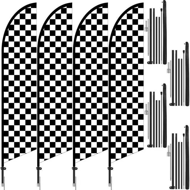Main image of 4 Sets Checkered Flag Banner Black and White Swooper Flag with Pole Kit Checkered Feather Racing Windless Full Sleeve Banner Finish Line Sign Kit for Races Events Party Supplies