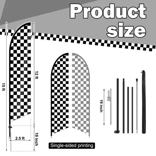 Alt view image 2 of 7 - 4 Sets Checkered Flag Banner Black and White Swooper Flag with Pole Kit Checkered Feather Racing Windless Full Sleeve Banner Finish Line Sign Kit for Races Events Party Supplies