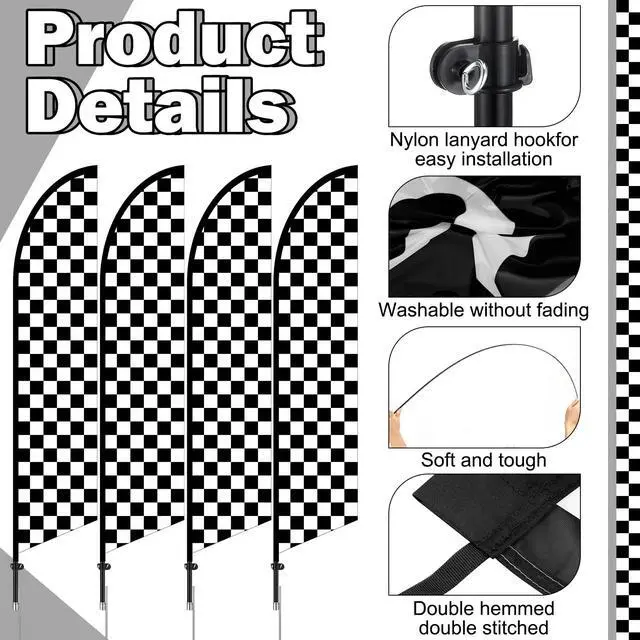 Alt view image 4 of 7 - 4 Sets Checkered Flag Banner Black and White Swooper Flag with Pole Kit Checkered Feather Racing Windless Full Sleeve Banner Finish Line Sign Kit for Races Events Party Supplies