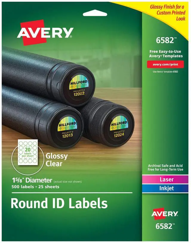 Main image of Round ID Labels, Sure Feed, Permanent Adhesive, Glossy Clear, 1-5/8" Dia., 5 Packs (6582)