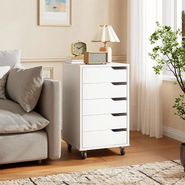 Alt view image 4 of 7 - 5-Drawer File Cabinet, Under Desk Mobile Filing Cabinet with Wheels, Rolling Office Storage Cabinet, Wooden Printer Stand, for Home Office, Living Room, White WT15WJ01