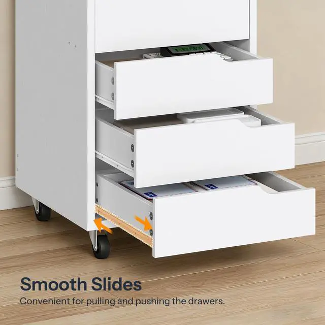 Alt view image 6 of 7 - 5-Drawer File Cabinet, Under Desk Mobile Filing Cabinet with Wheels, Rolling Office Storage Cabinet, Wooden Printer Stand, for Home Office, Living Room, White WT15WJ01