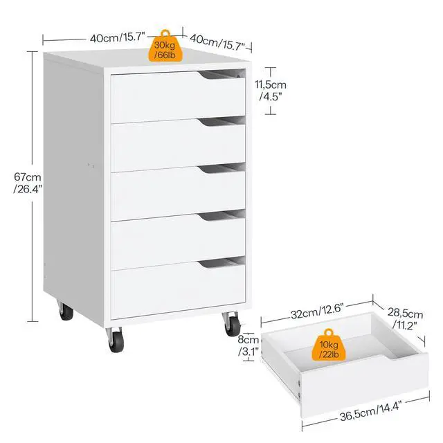 Alt view image 3 of 7 - 5-Drawer File Cabinet, Under Desk Mobile Filing Cabinet with Wheels, Rolling Office Storage Cabinet, Wooden Printer Stand, for Home Office, Living Room, White WT15WJ01