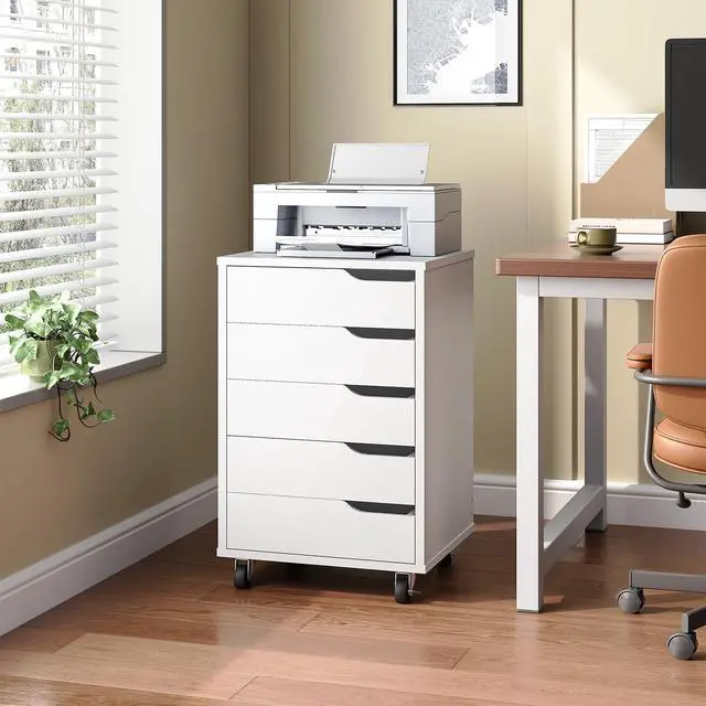 Alt view image 2 of 7 - 5-Drawer File Cabinet, Under Desk Mobile Filing Cabinet with Wheels, Rolling Office Storage Cabinet, Wooden Printer Stand, for Home Office, Living Room, White WT15WJ01
