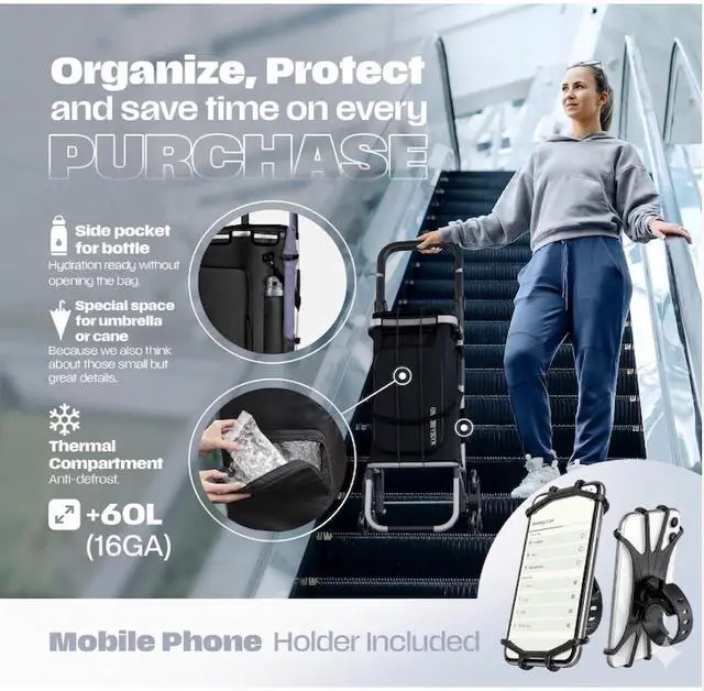 Alt view image 7 of 7 - Folding Cart With Wheels Waterproof 88 lb, Phone Support & Elastic Ropes for Grocery Shopping Grocery Cart On Wheels Foldable - Carts With Wheels For Groceries, Shopping Carts For Groceries Foldable