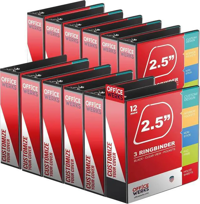 Main image of 12 Pack of 2.5 Inch 3 Ring Binder with Locking Angle D Rings, Professional Heavy Duty Large Storage Binder with Pockets, Fits 8.5 x 11 Inch Sheets, Non-Stick Clear View Cover, Customizable, Black