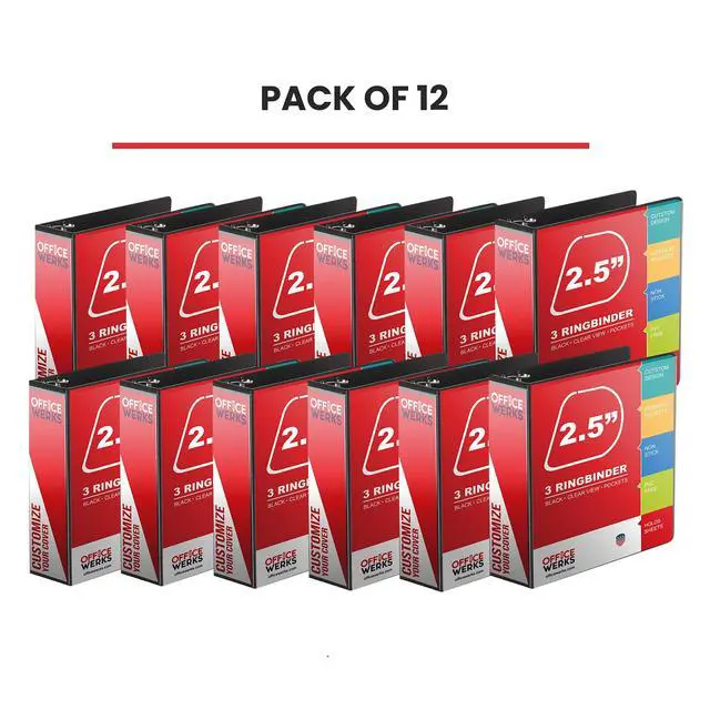 Alt view image 2 of 7 - 12 Pack of 2.5 Inch 3 Ring Binder with Locking Angle D Rings, Professional Heavy Duty Large Storage Binder with Pockets, Fits 8.5 x 11 Inch Sheets, Non-Stick Clear View Cover, Customizable, Black