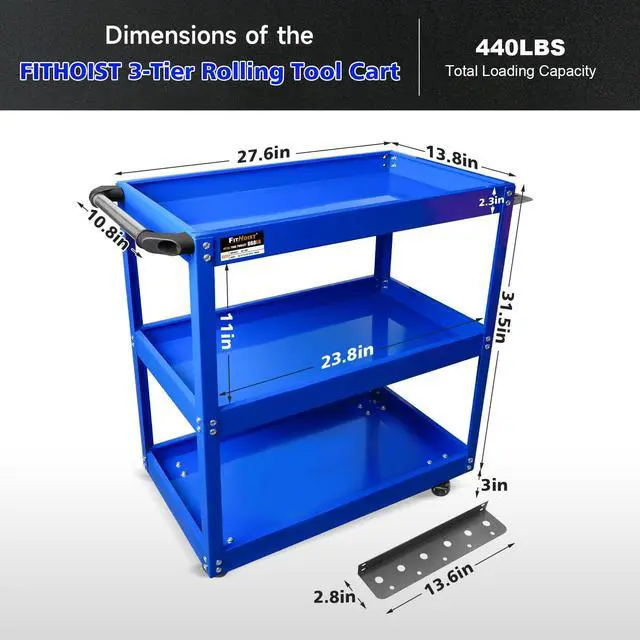 Alt view image 3 of 6 - 3-Tier Rolling Tool Cart, Thickened 440LBS Metal Mechanic Tool Cart on Wheels, Heavy Duty Rolling Carts with Wheels, Utility Service Carts for Mechanics Garage Warehouse Workshop Repair Shop