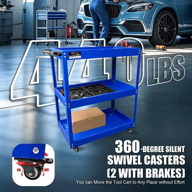 Alt view image 5 of 6 - 3-Tier Rolling Tool Cart, Thickened 440LBS Metal Mechanic Tool Cart on Wheels, Heavy Duty Rolling Carts with Wheels, Utility Service Carts for Mechanics Garage Warehouse Workshop Repair Shop