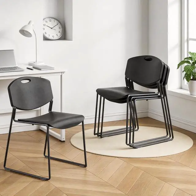 Alt view image 2 of 7 - Stacking Chairs Set of 4, Plastic Waiting Room Chair with Sled Base, Stackable Office Guest Reception Chairs No Wheels for Break Rooms and Conference Rooms Black