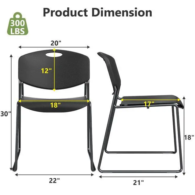 Alt view image 3 of 7 - Stacking Chairs Set of 4, Plastic Waiting Room Chair with Sled Base, Stackable Office Guest Reception Chairs No Wheels for Break Rooms and Conference Rooms Black