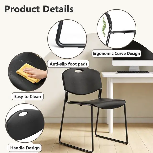 Alt view image 4 of 7 - Stacking Chairs Set of 4, Plastic Waiting Room Chair with Sled Base, Stackable Office Guest Reception Chairs No Wheels for Break Rooms and Conference Rooms Black