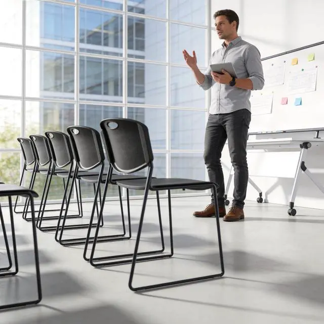 Alt view image 7 of 7 - Stacking Chairs Set of 4, Plastic Waiting Room Chair with Sled Base, Stackable Office Guest Reception Chairs No Wheels for Break Rooms and Conference Rooms Black