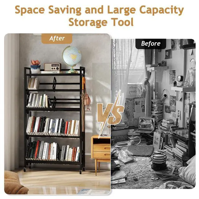 Alt view image 7 of 7 - Book Carts with Wheels, Library Rolling Book Cart 5 Tier Movable Bookshelf Mobile Large Capacity Organizer Rack for Teacher Classroom Office Room School (57.5'' H)