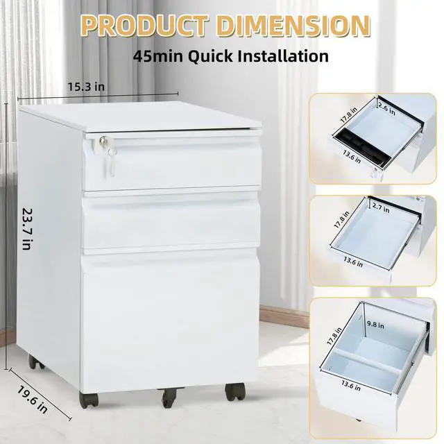Alt view image 3 of 7 - Filing Cabinets for Home Office Organizer, 3 Drawer Mobile File Cabinet with Lock & Anti-Tip Wheel,Under Desk Metal Filing Cabinets ForLetters/Legal/a4 (Un-Assembled)