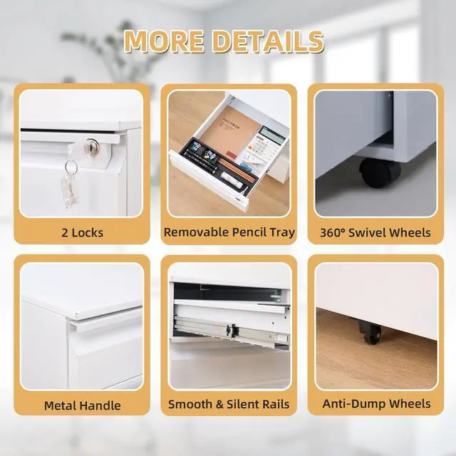 Alt view image 5 of 7 - Filing Cabinets for Home Office Organizer, 3 Drawer Mobile File Cabinet with Lock & Anti-Tip Wheel,Under Desk Metal Filing Cabinets ForLetters/Legal/a4 (Un-Assembled)