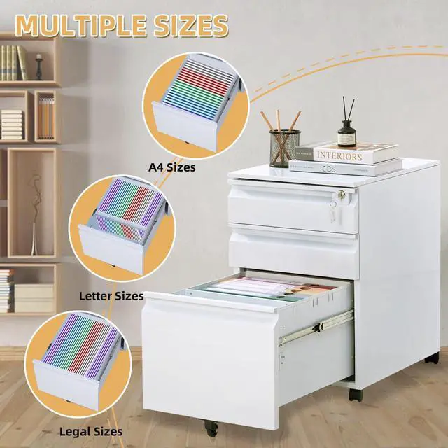 Alt view image 4 of 7 - Filing Cabinets for Home Office Organizer, 3 Drawer Mobile File Cabinet with Lock & Anti-Tip Wheel,Under Desk Metal Filing Cabinets ForLetters/Legal/a4 (Un-Assembled)