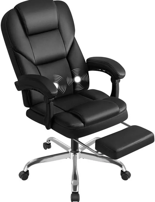 Main image of Executive Office Chair with Massage, Ergonomic Reclining High Back Leather Seats with Footrest and Lumbar Support, Big and Tall, 400Lbs Heavy Duty, Dark Black