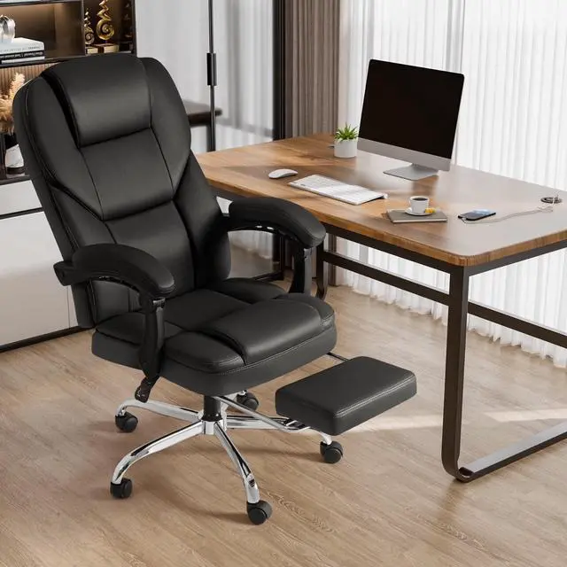 Alt view image 2 of 7 - Executive Office Chair with Massage, Ergonomic Reclining High Back Leather Seats with Footrest and Lumbar Support, Big and Tall, 400Lbs Heavy Duty, Dark Black