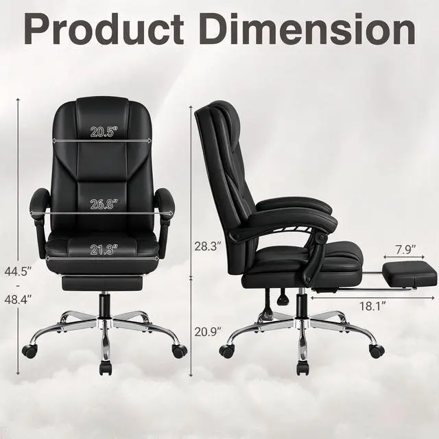 Alt view image 3 of 7 - Executive Office Chair with Massage, Ergonomic Reclining High Back Leather Seats with Footrest and Lumbar Support, Big and Tall, 400Lbs Heavy Duty, Dark Black