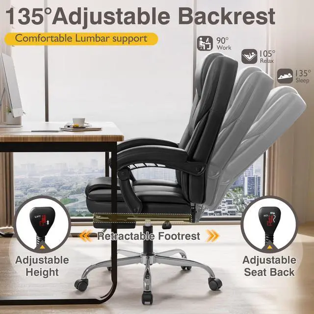 Alt view image 4 of 7 - Executive Office Chair with Massage, Ergonomic Reclining High Back Leather Seats with Footrest and Lumbar Support, Big and Tall, 400Lbs Heavy Duty, Dark Black