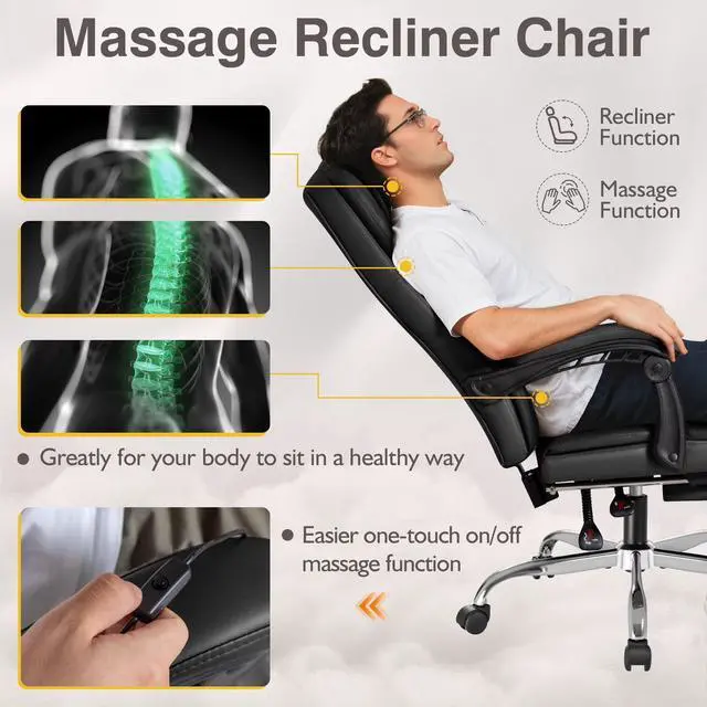 Alt view image 6 of 7 - Executive Office Chair with Massage, Ergonomic Reclining High Back Leather Seats with Footrest and Lumbar Support, Big and Tall, 400Lbs Heavy Duty, Dark Black