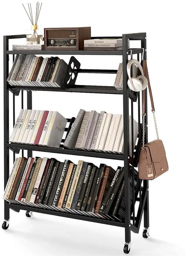 Main image of Book Carts with Wheels, Library Rolling Book Cart 4 Tier Movable Bookshelf Mobile Large Capacity Organizer Rack for Teacher Classroom Office Room School (46.5'' H)